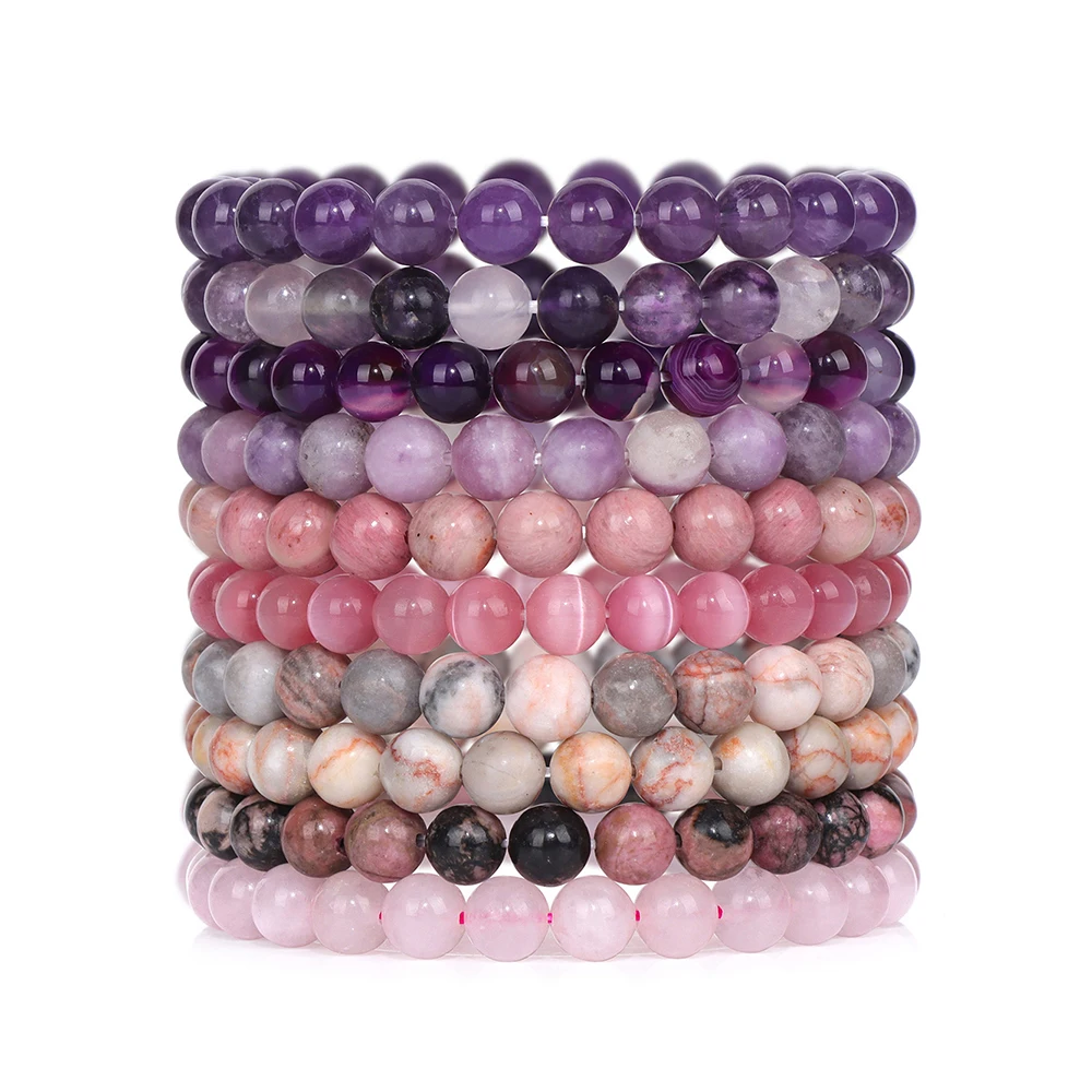 

2pcs Pink Quartzs Rhodonite Bracelets For Women Men Healing Reiki Natural Stone Beads Bracelet Set Amethysts Red Agates Jewelry