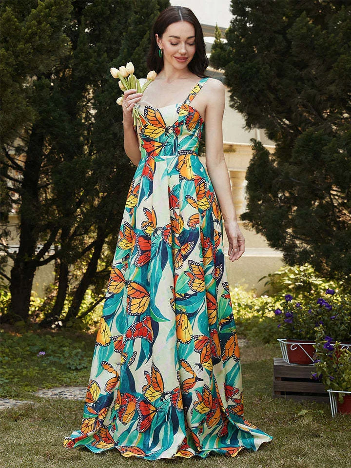 

2023 new elegant print dress, Summer Fashion Butterfly Print Women's Dress with V-neck Long Sleeve Swing Dress Long Dress