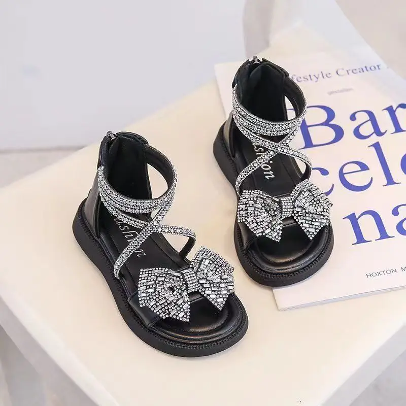 Girls' Roman Sandals 2023 Summer New Children's Bowknot Rhinestone Princess Shoes Soft Sole Lightweight Girls' Fashion Sandals