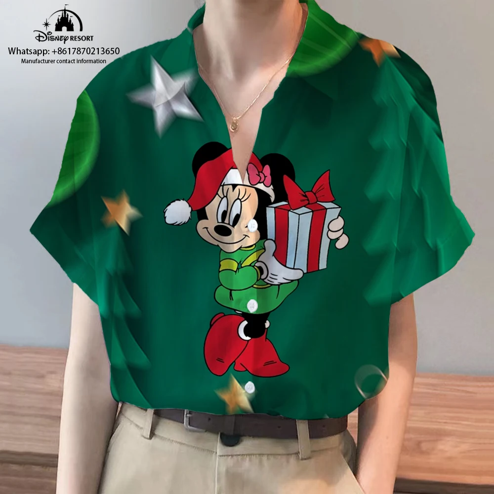 

2023 New Women's Short Sleeve Office Ladies Shirt Tops Disney Christmas Mickey Minnie Print Button Work Dress Shirt Tops