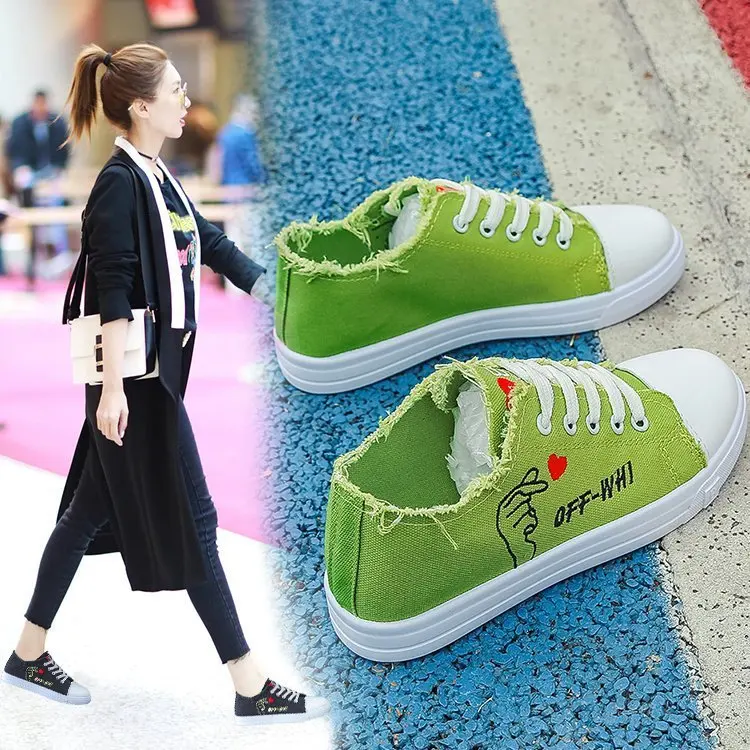 

2022 New Fashion Flat Shoes for Women Platform Cute Canvas Shoes Woman Flats Green Non-leather Casual Vulcanize Shoes for Girl