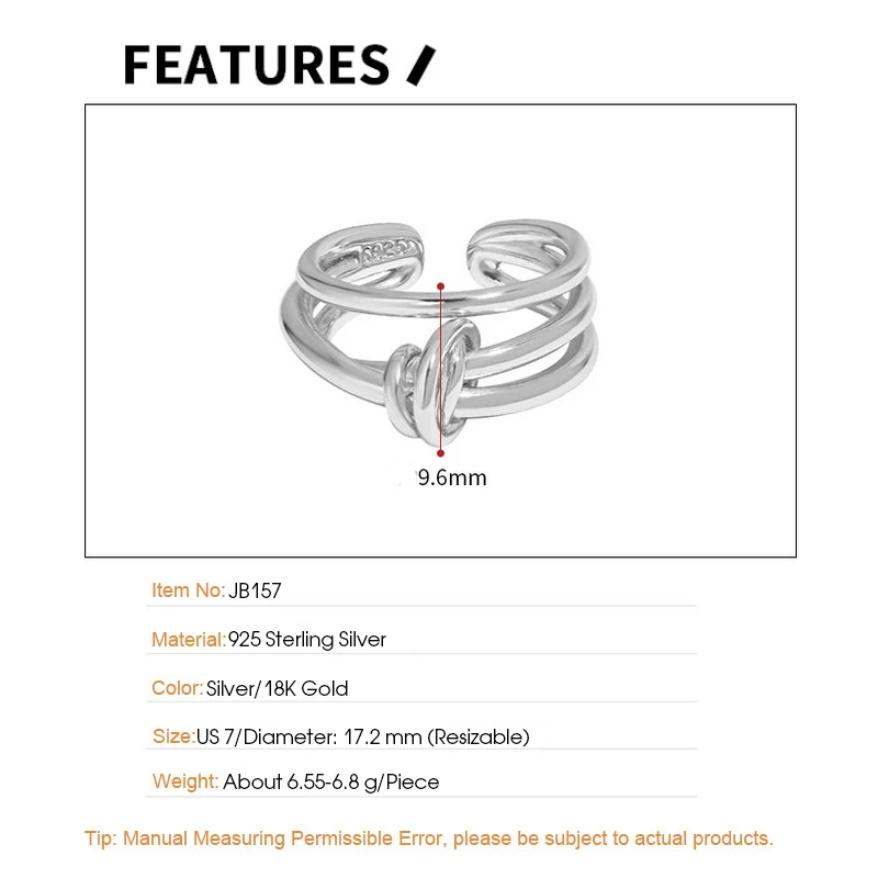 F.I.N.S простые Многослойные линии Галстук Узел S925 Стерлинговое Серебро Кольца