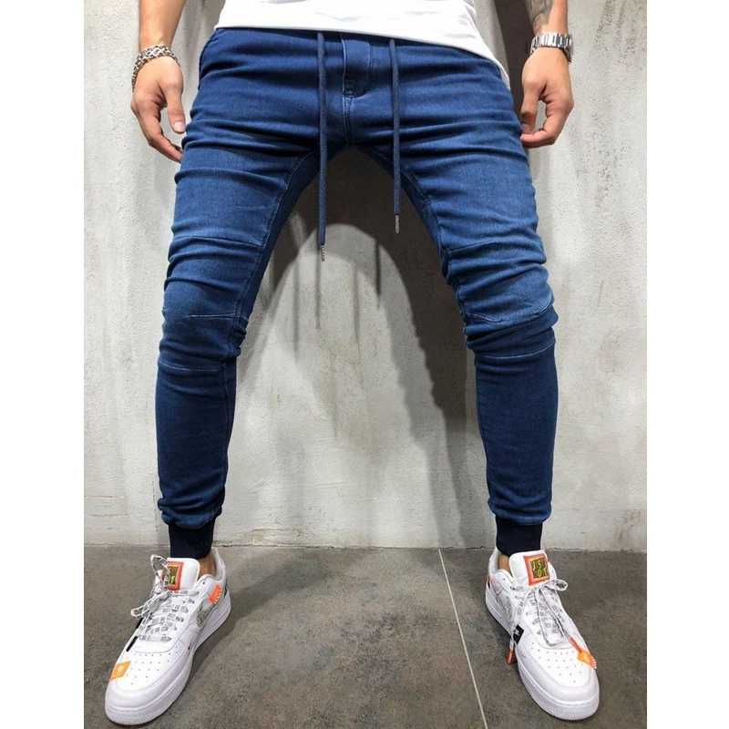 Men Jeans Streetwear Vintage Jeans Spring Slim Fit Denim Pants Trousers Men Lace-up Mid-Rise Pencil Pants Trousers Sports Jeans