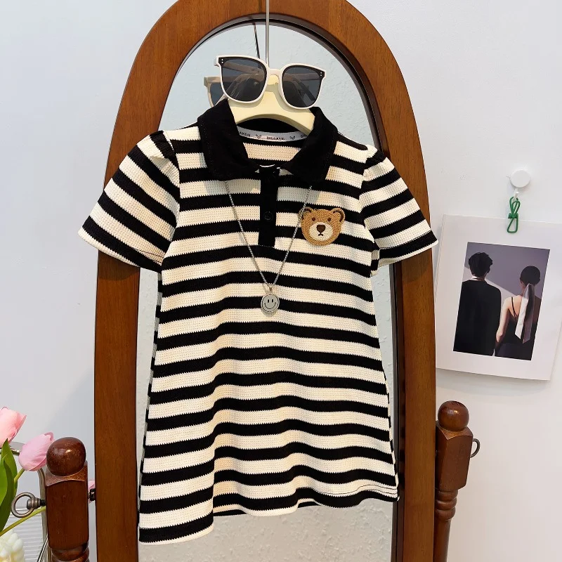 

Children's Dress Summer New Girls Thin Waffle Mid-length Skirt Polo Lapel Dress Ropa De Niña Kids Clothes