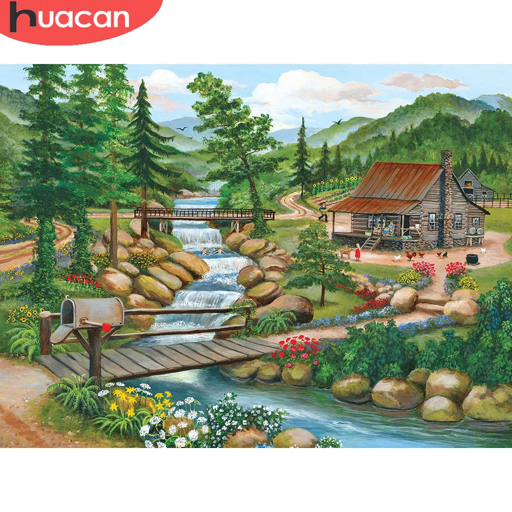 

HUACAN Diamond Embroidery Complete Kit Bridge Painting House Mosaic Landscape Needlework Bedroom Decoration Gift