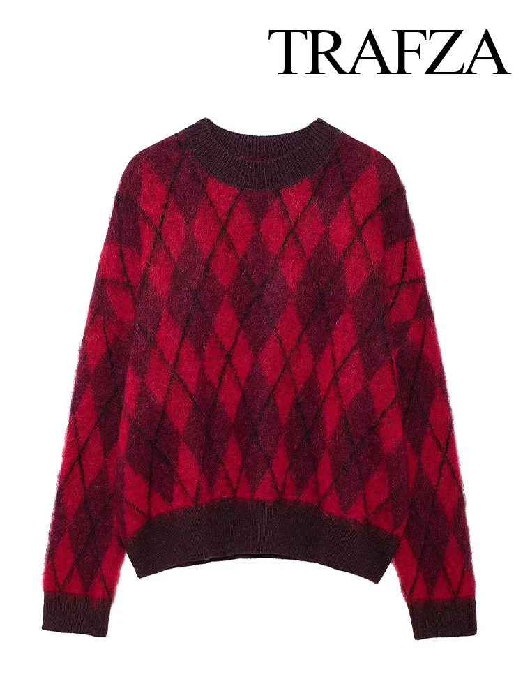 TRAFZA женский зимний тонкий пуловер с ромбовидным узором украшенный круглым
