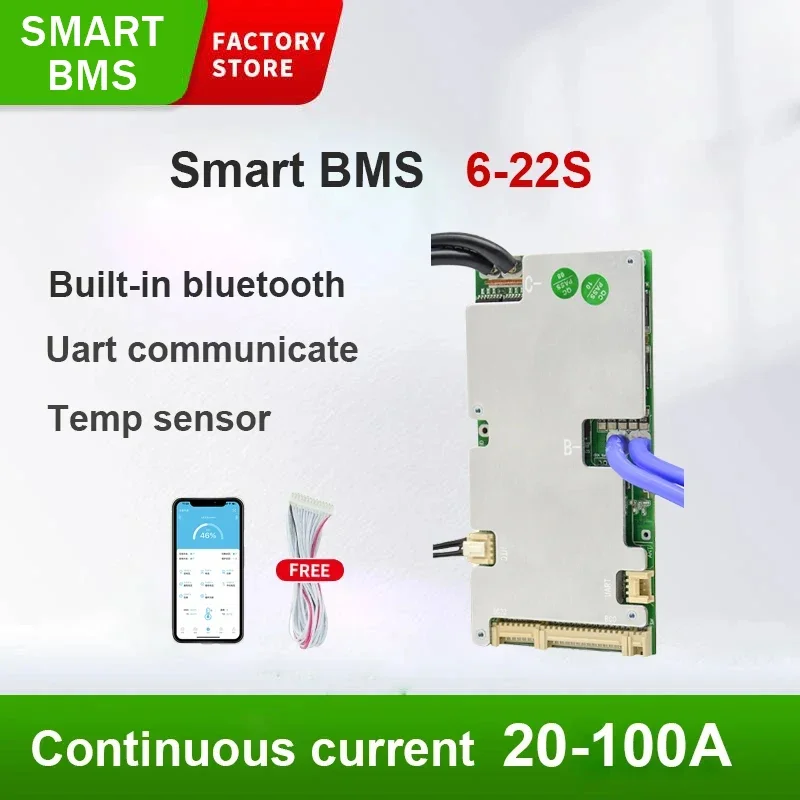JBD Smart BMS 4S 6S 8S 10S 12S 13S 14S 16S 17S 18S 20S 21S 22S Bluilt-in BT Bms 20A 30A 40A 80A 100A для li-ion аккумулятор Lifepo4