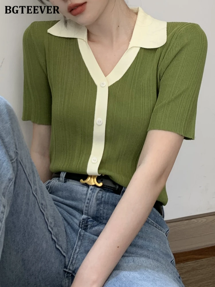 

BGTEEVER Stylish Lapel Women Patchwork Knitted T-shirts Vintage Short Sleeve Single-breasted Female Tees 2022 Summer Ladies Tops