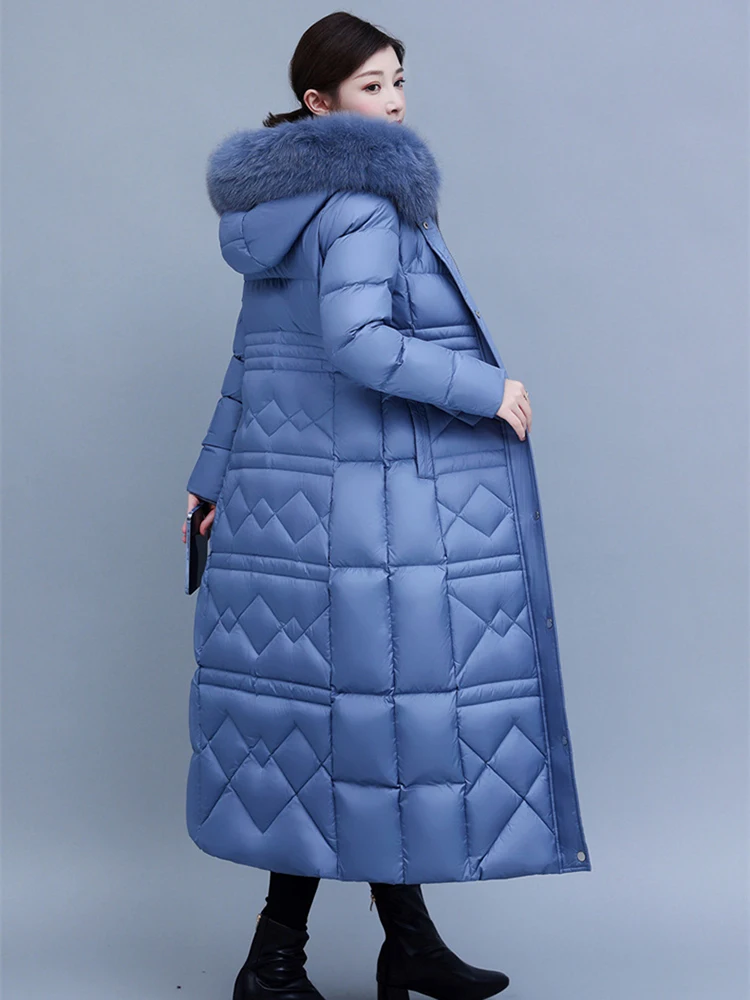 New Women Long Down Coat Winter Fashion Thicken Warm Real Fox Fur Collar Slim Lengthened Down Jacket White Duck Down Overcoat