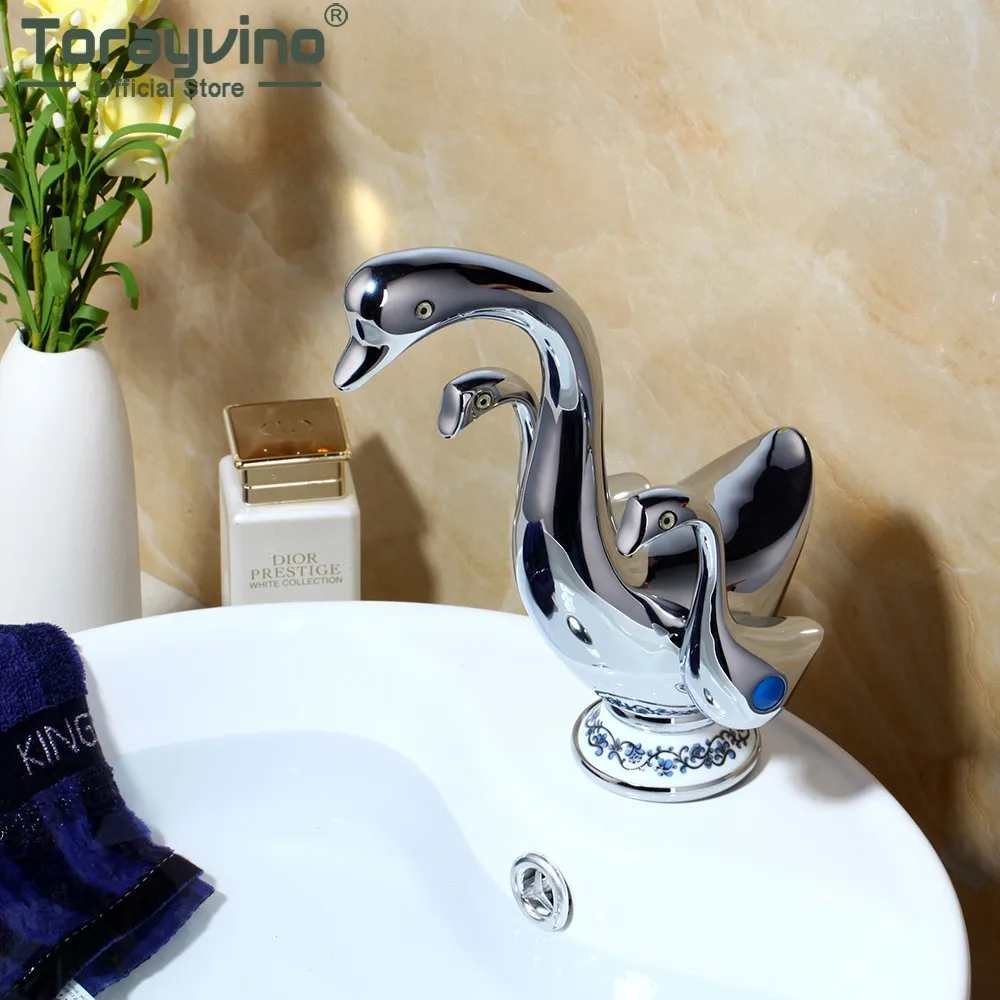 

Torayvino Chrome Polished Bathroom Faucet Dolphin Shape Deck Mounted 2 Handle Basin Faucets Hot And Cold Mixer Water Tap