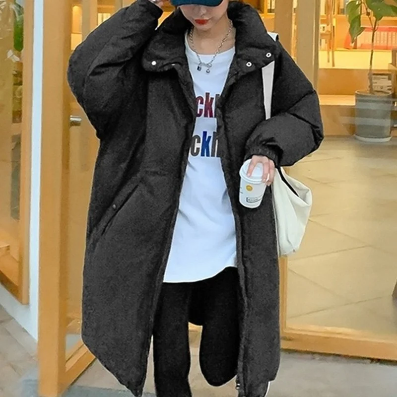 New 2021 Winter Women's Jacket Pocket Stand-up Collar Down Korean Loose Long Over-the-knee Coat To Keep Warm and Thick Long Coat