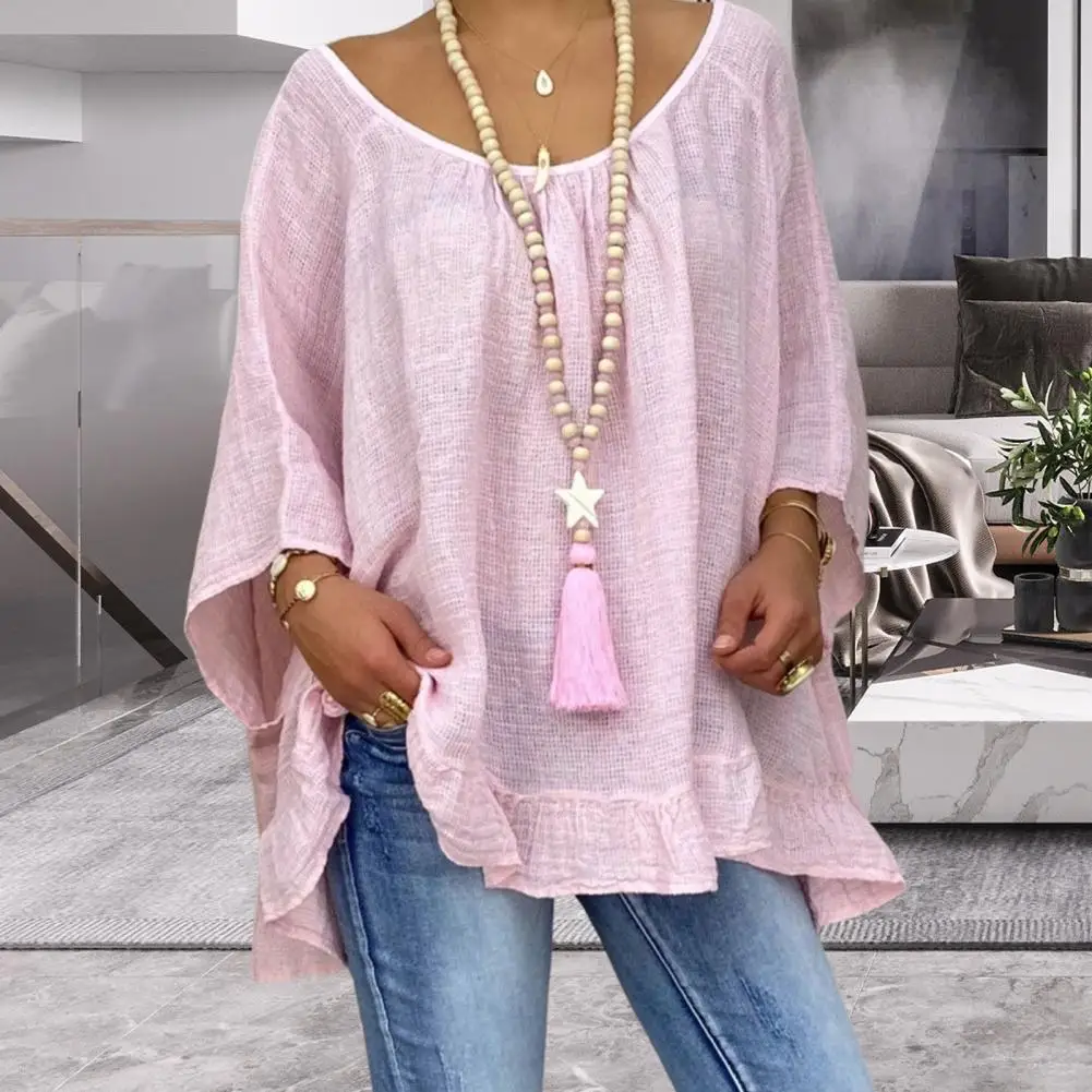 

Fall Blouse Ruffled Hem Backless Three Quarter Sleeves Crew Neck Batwing Sleeve Loose Soft Solid Color T-shirt Women Clothes