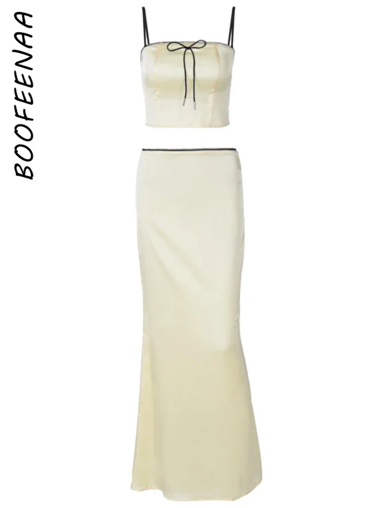 BOOFEENAA атласный комплект из двух предметов короткий топ и юбка макси сексуальные