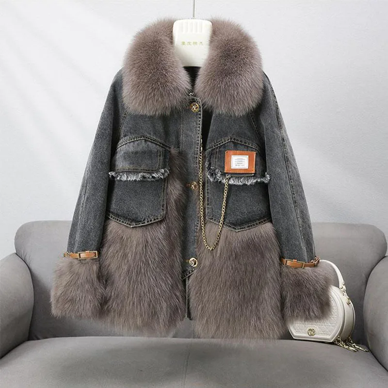 Winter -30 ℃ Fur Denim Jacket Single Breasted Streetwear Loose Parka Women Oversize Harajuku Coat Cowboy Oversize Loose Coat
