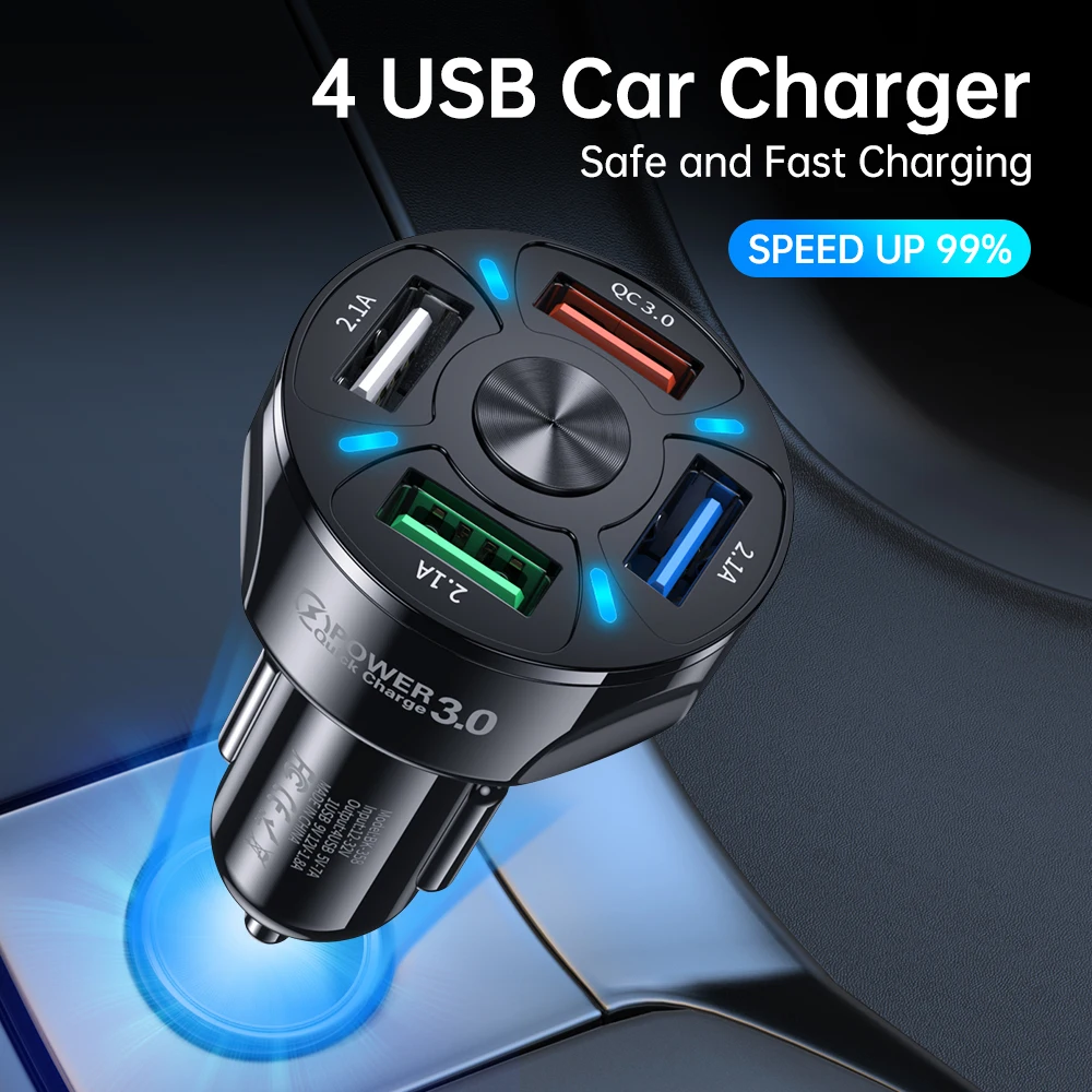 Фото Автомобильное зарядное устройство AUFU с 4 USB-портами, портативная Быстрая зарядка для Xiaomi, iPhone, аксессуары для автомобиля, быстрая зарядка 3,0 №2