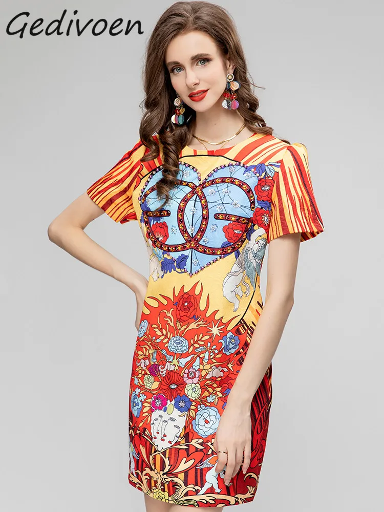 

Женское короткое свободное платье Gedivoen, летнее дизайнерское платье с роскошным принтом, круглым вырезом, бисером и блестками, повседневное мини-платье