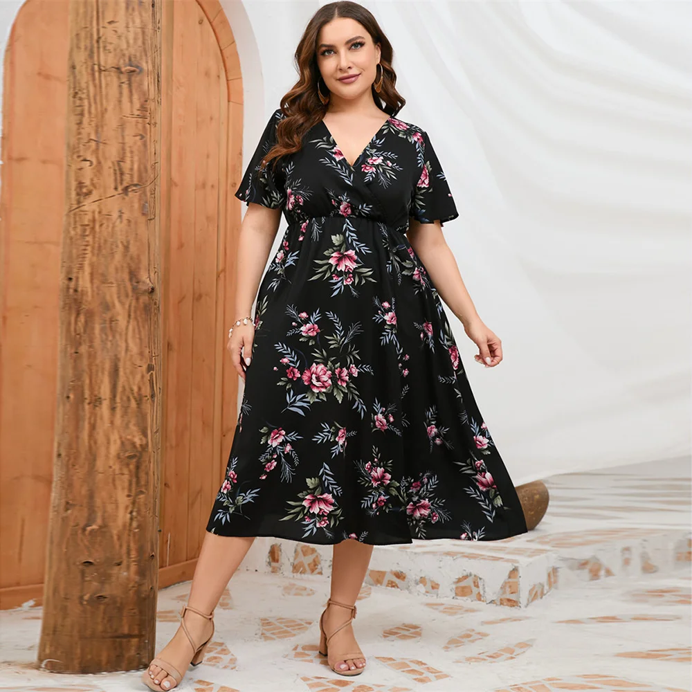 Plus Size 2023 Summer 3xl 4xl 5xl Women Chiffon Dress Floral Black Mid Dress Casual Bohemian Boho Dresses Ove 3xl 4xl 5xl 6xl