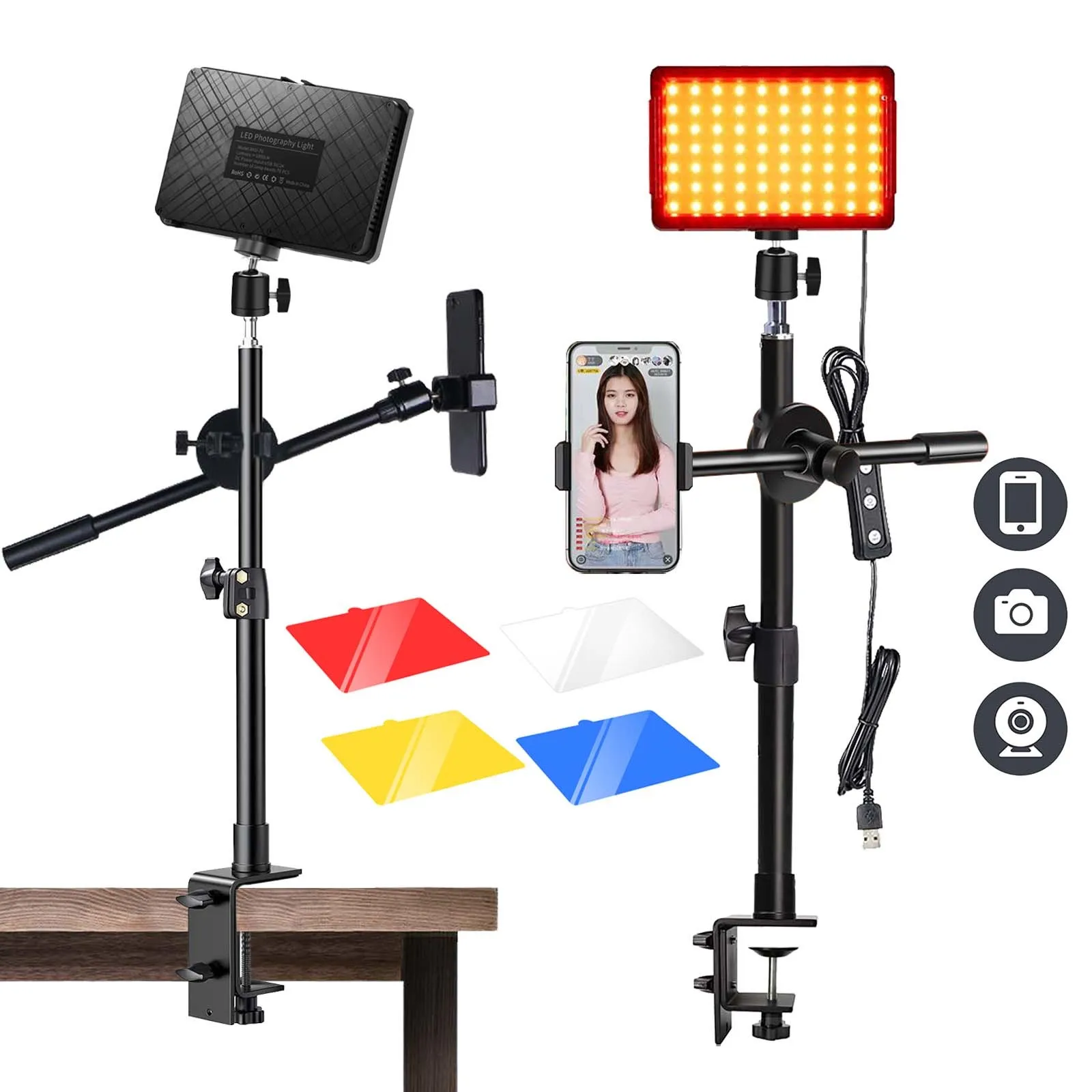 LED RGB Filter Photo Studio Light Video Recording Lighting Photography Panel Lamp with C Desk Mount Stand Cross ARM Phone Holder