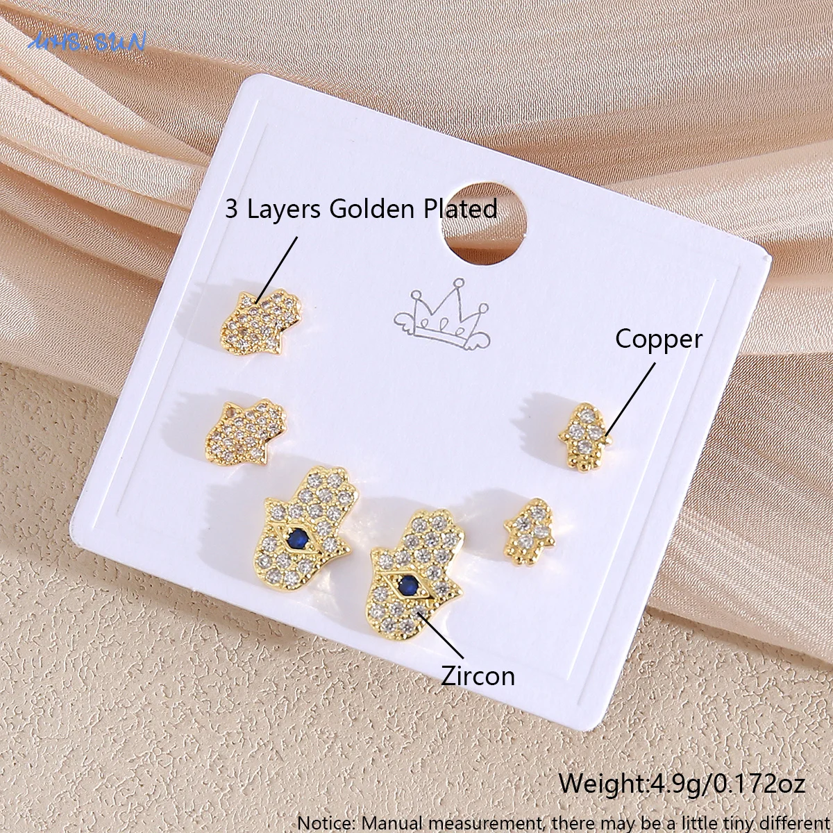 MHS.SUN 3 пары серег-гвоздиков с цирконием Фатима Хамса набор позолоченных