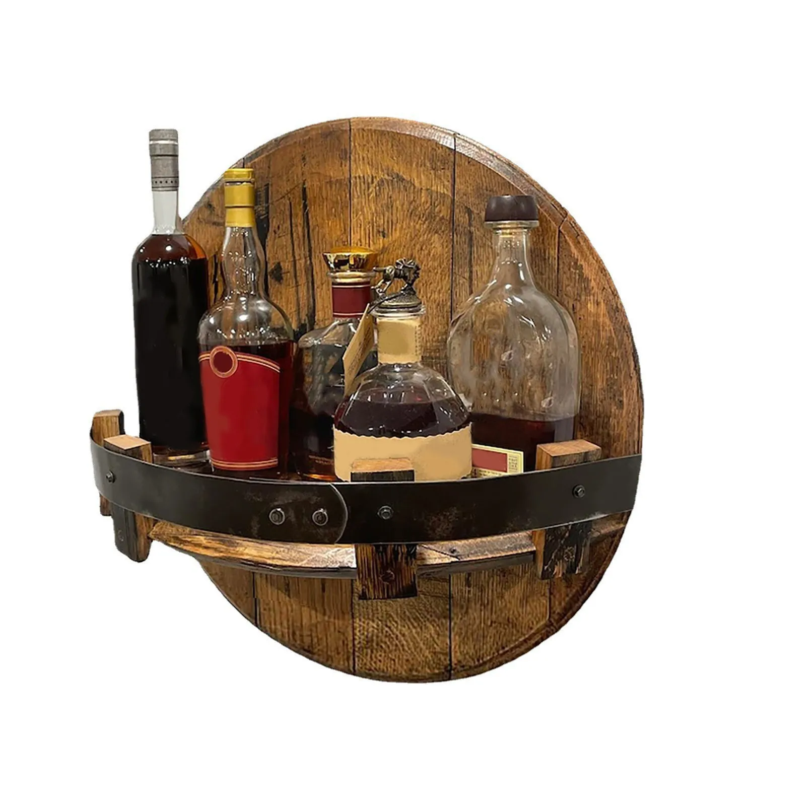 

Liquor Bottle Display Rack Wall Mounted Vintage Wooden Whiskey Barrel Wine Storage Shelf Kitchen Barware Bar Shelves Hand Crafts
