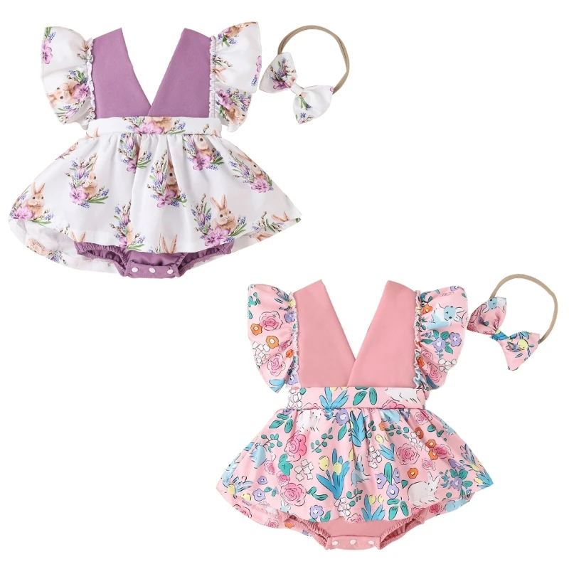 

Easter Romper & Headdress for Baby Girl V-Neck Jumpsuit Hip Wrap Bodysuit Spring Coveralls Infant Floral Print Costume