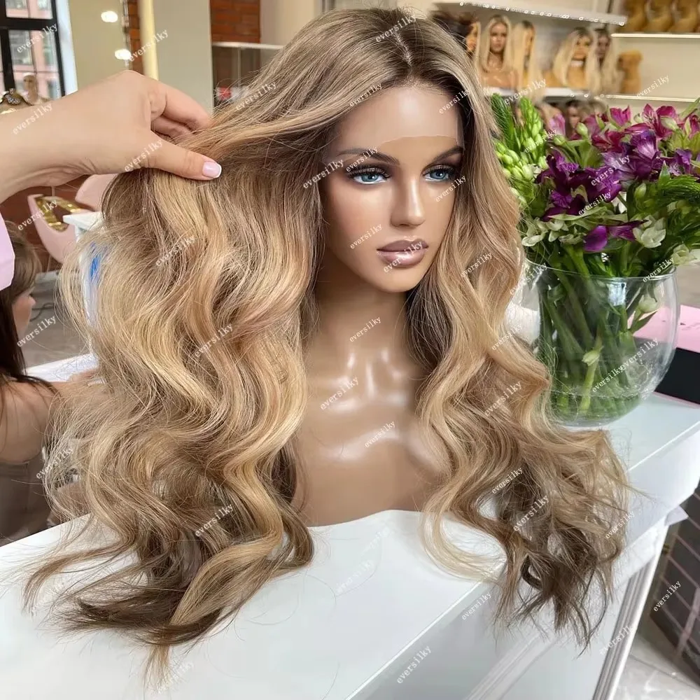 Фото Парик из натуральных волос с прозрачной HD-основой 360 Full Lace, оттенок Ash Blonde, с эффектом омбре Balayage Strawberry Brown, волнистый, с кружевной застежкой 5x5 №1