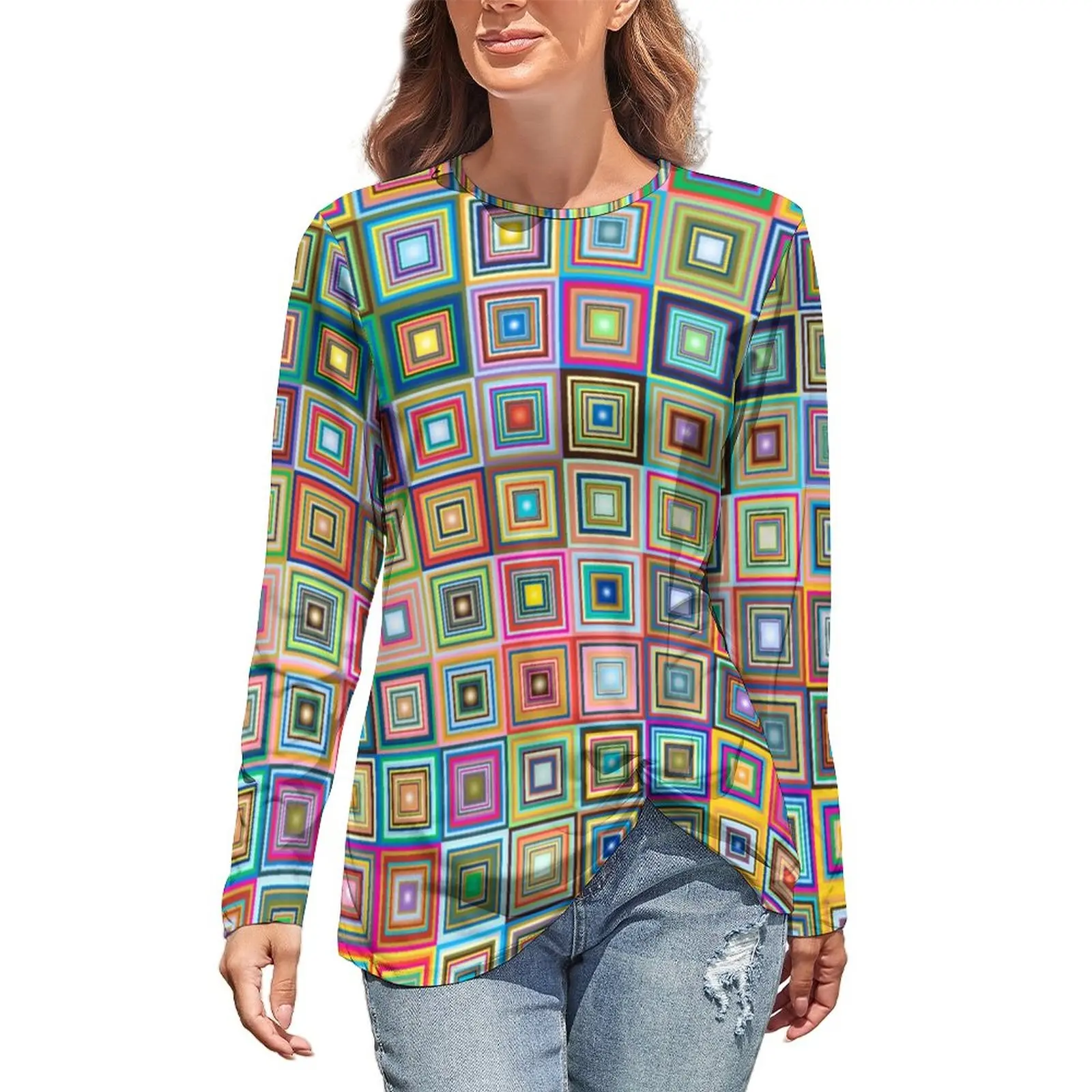 

Fun Colorful Patchwork T Shirt Retro Tiles Print Kawaii Long Sleeve T Shirts Female Street Wear Tee Shirt Oversize Printed Tops