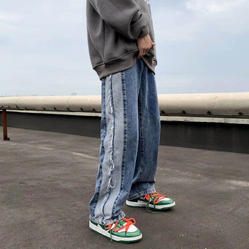 DEEPTOWN Patchwork Jeans Men Black Blue Denim Pants Male Streetwear Hip Hop Loose Causal Straight Trousers Fashion Spliced