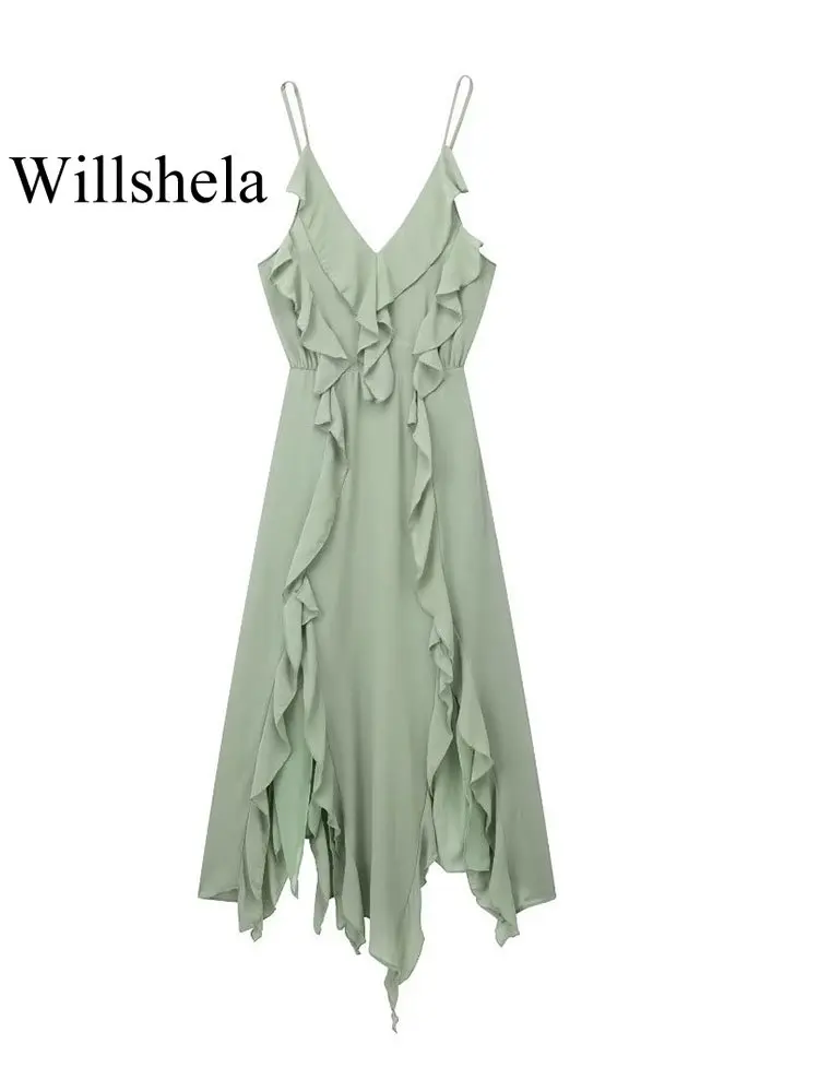 

Willshela женское модное зеленое плиссированное платье средней длины с открытой спиной и боковой молнией винтажные тонкие бретельки с v-образным вырезом женские шикарные платья
