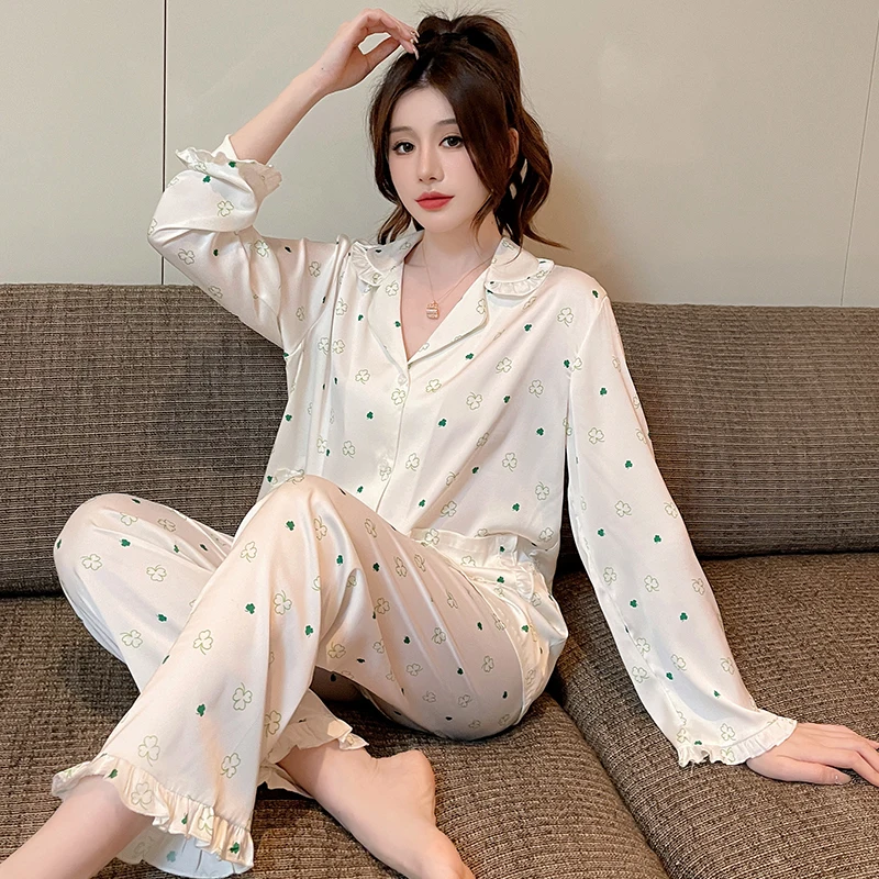 FUNISHI Women's Pajamas Silk Sexy Sleepwear Cartoon Princess Style Plus Size Lapel Loose Version Pajama Set