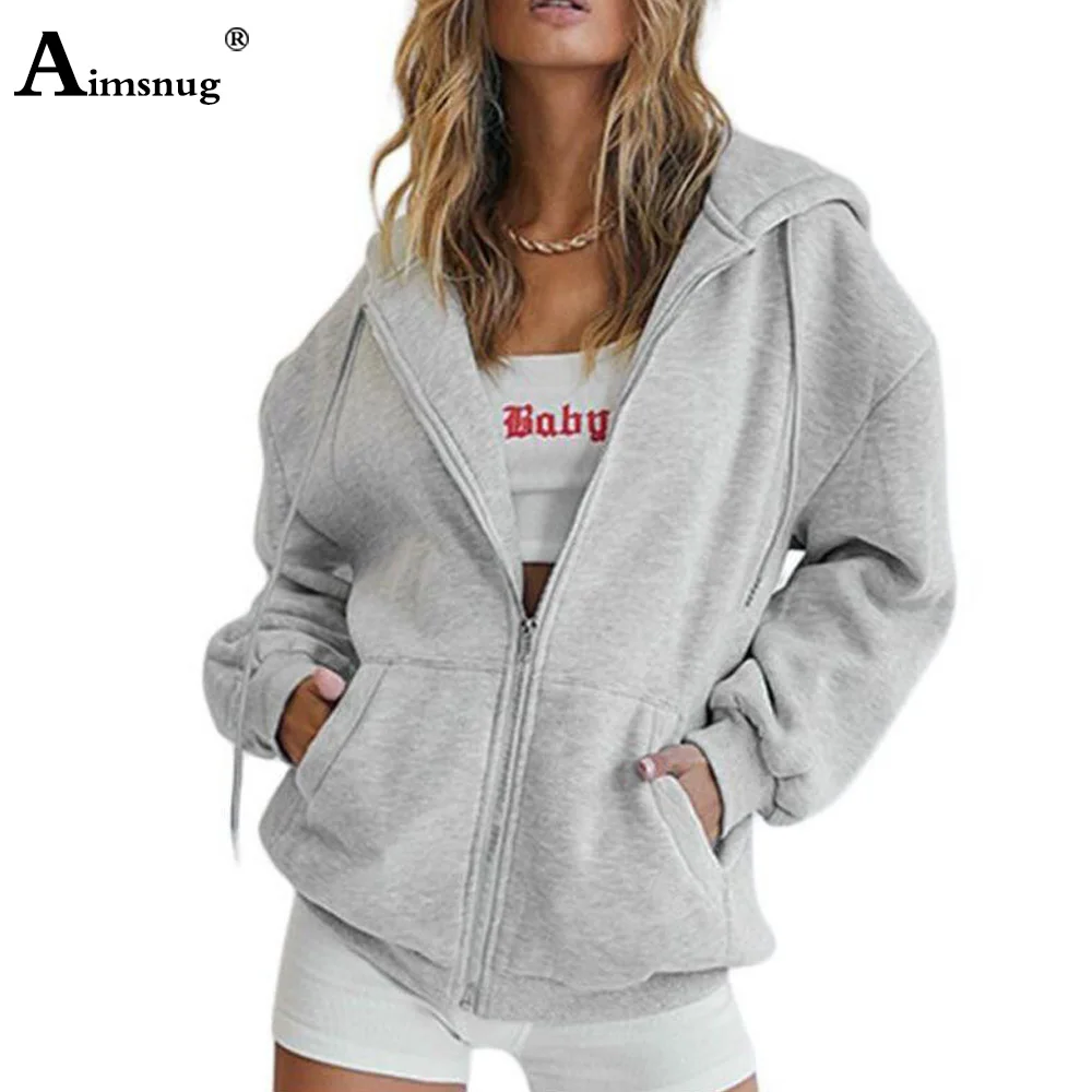 Aimsnug Stand Pocket Hoodies Women High Street Loose Flocking Sweatshirts Vintage Hoodie Casual Sweatshirt Women Solid Cardigans