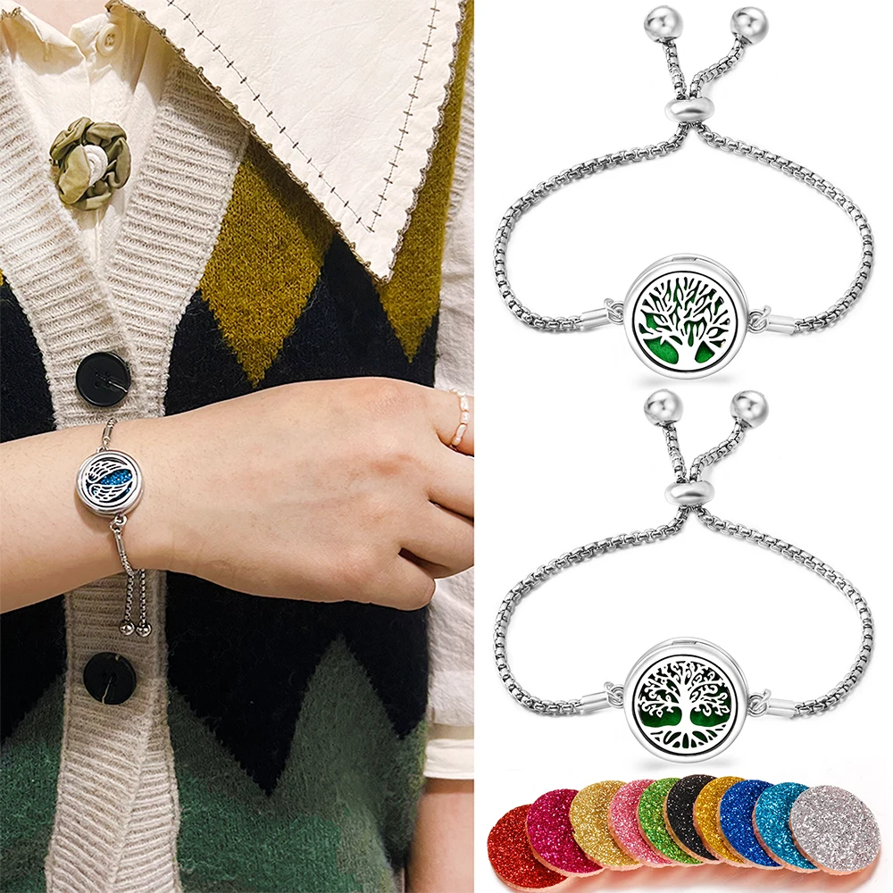 

Fashion Tree Of Life Aromatherapy Bangle Essential Oil Diffuser Stainless Steel Perfume Locket Bracelet Adjustable Women Jewelry