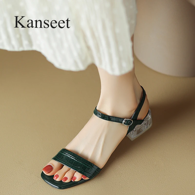 

Kanseet Women's Sandals 2023 New Summer Concise Genuine Leather Handmade Open-Toed Daily Casual Lady Mid Heels Shoes Sizes 33-40