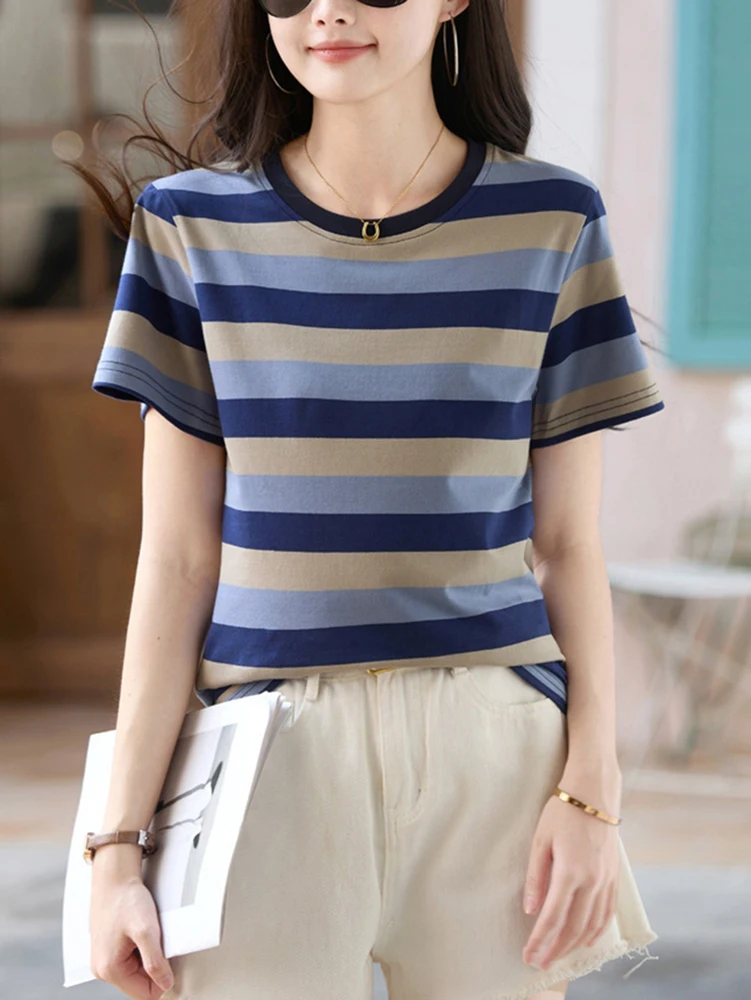 Летние женские футболки с короткими рукавами 2025 г. свободные топы круглым