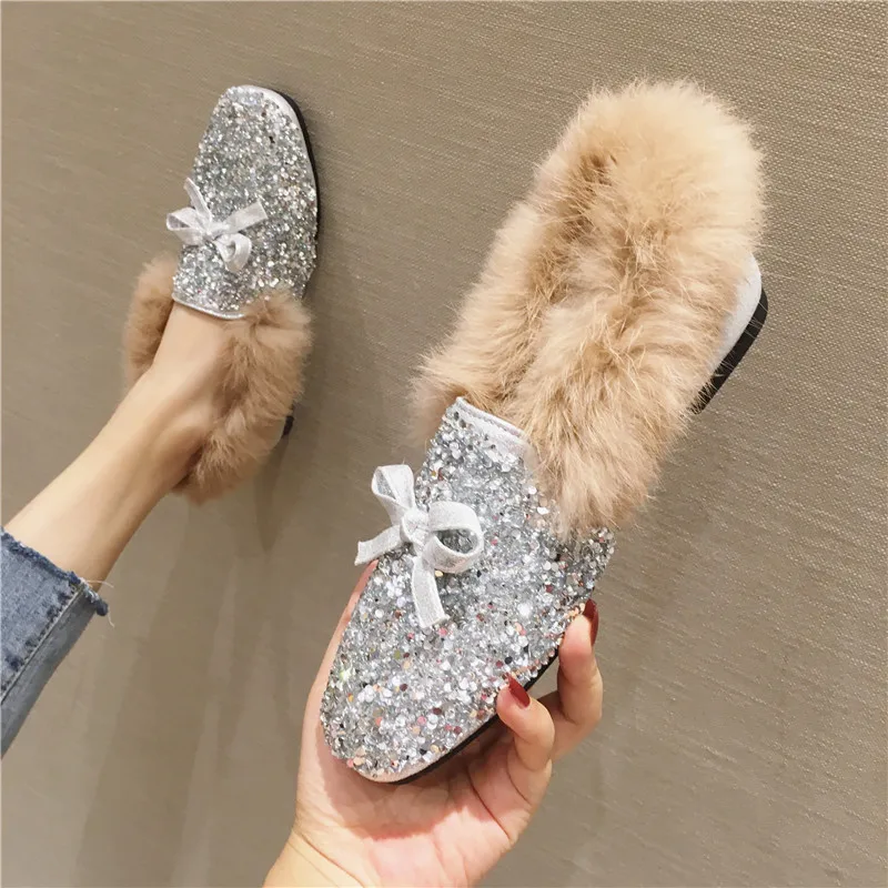 Woman Silver/pink Glitter Fluffy Flats Crystal Bowtie Moccasins Female Fur Loafers 41 Big Size Rabbit Fur Winter Flat Shoes