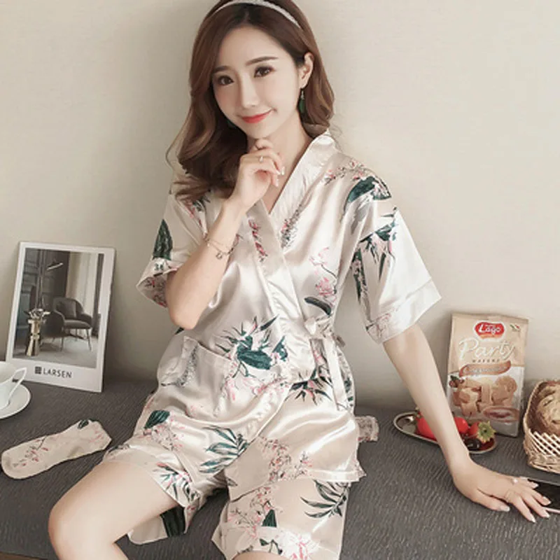 Japanese-Style women simple Kimono Pajamas Summer Silk Short Sleeve Students Home clothes Two-Piece pajama Set shorts sleepwear