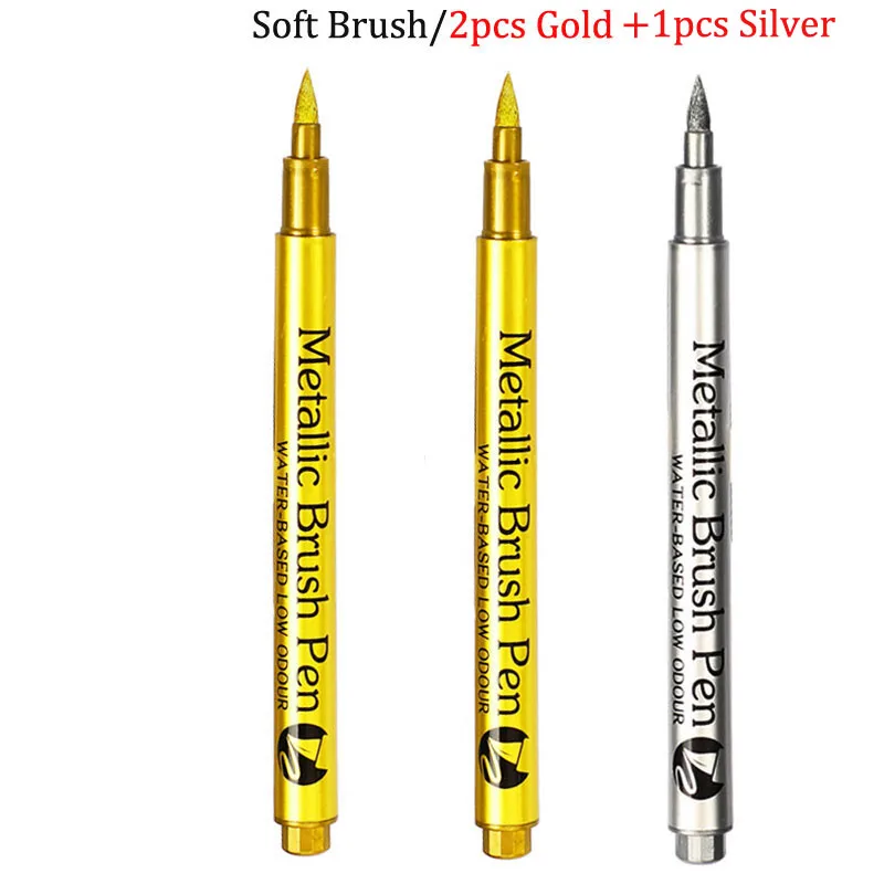 

Кисть, металлическая ручка для рукоделия, серебро/золото, перманентные акриловые ручки, маркеры для наскальной живописи, 1-5 мм, мягкий/жесткий наконечник, товары для рукоделия