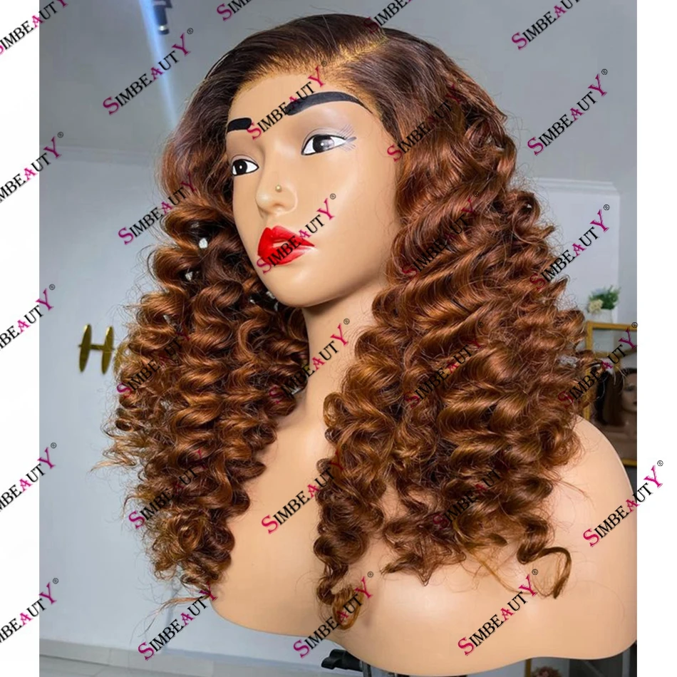 250% Density Bouncy Curly Golden Brown Blonde Human Hair 13x6 Lace Front Wig Side Part Pre Plucked Hairline 360 Lace Frontal Wig