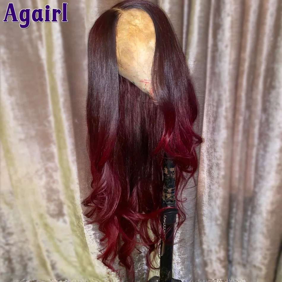 

Парик с эффектом омбре Half 99J, волосы из человеческих волос цвета Бургунди, парик с кружевными волосами 5 Х5, парик с эффектом омбре, Красный с к...