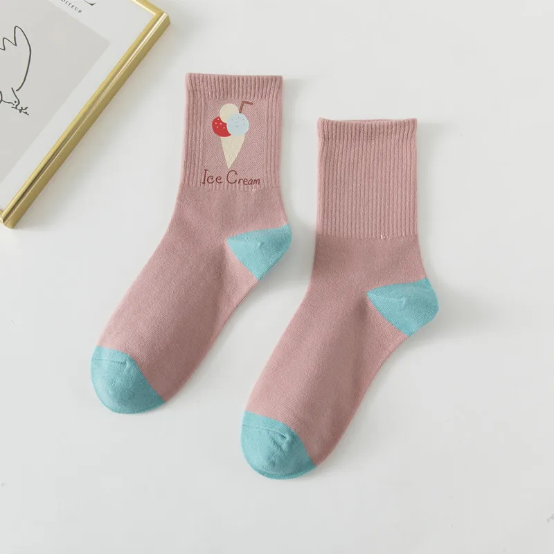 5 Pairs Harajuku Kawaii Cute Hot Stamping Fruit Women Socks Sports School Wind Cartoon Casual Women's Cotton Socks