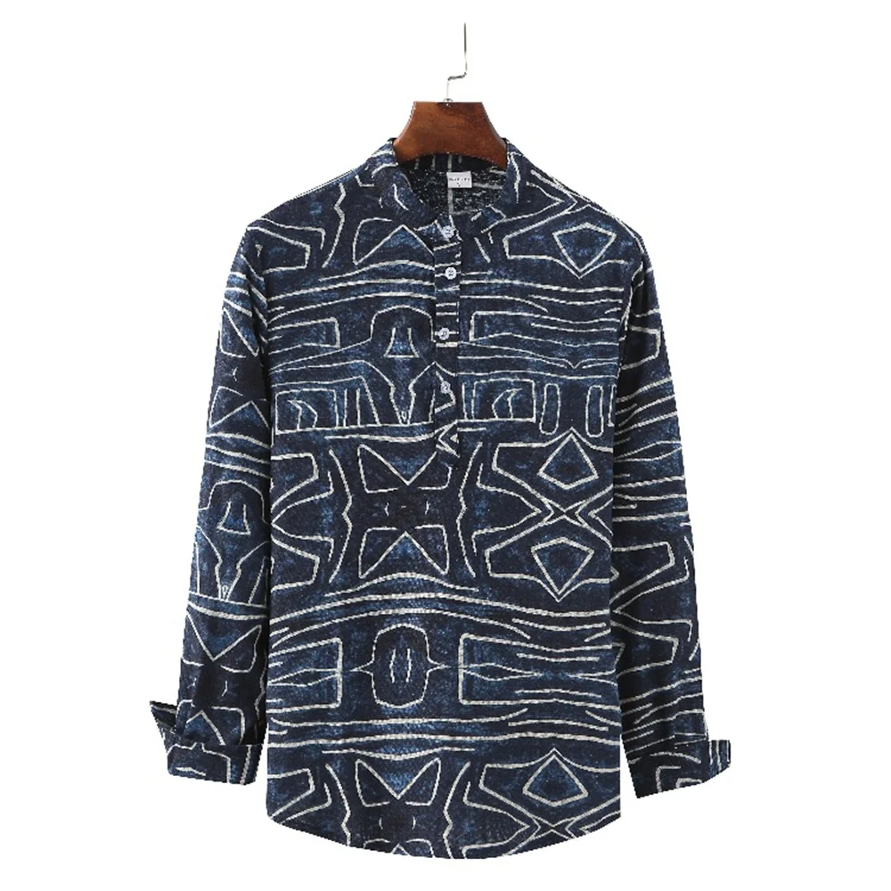 26 Colors Men's Stand Collar T-shirt New Cotton Linen Style Long-Sleeved Shirt Ethnic Print Blouse S-2XL