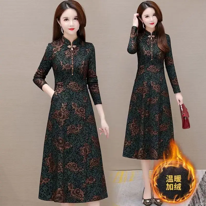 Женское платье-Ципао средней длины осенне-зимнее приталенное платье в стиле