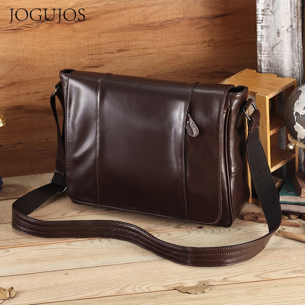 JOGUJOS Genuine Leather Men Messenger Bag for iPad Tablet 14" Laptop Office Business Travel Crossbody Bag Vintage Shoulder Bag