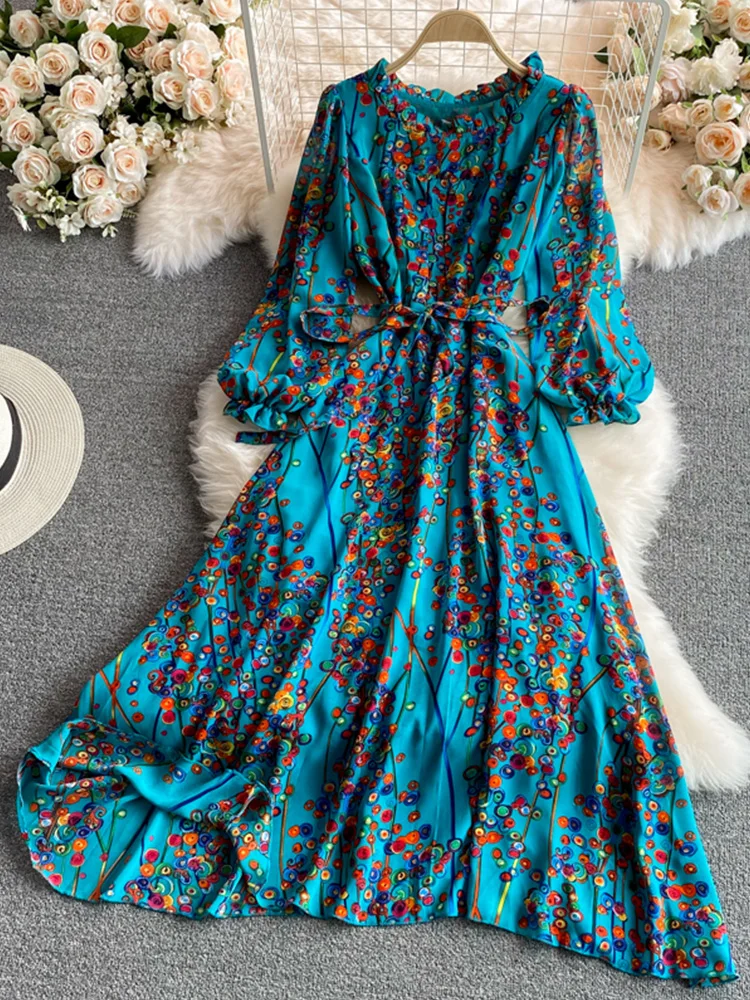 

FTLZZ Spring Autumn Women O-neck Ruffled Puff Sleeve Dress Vintage Bohemia Floral Print Dress Casual Sash Tie Up Beach Dress