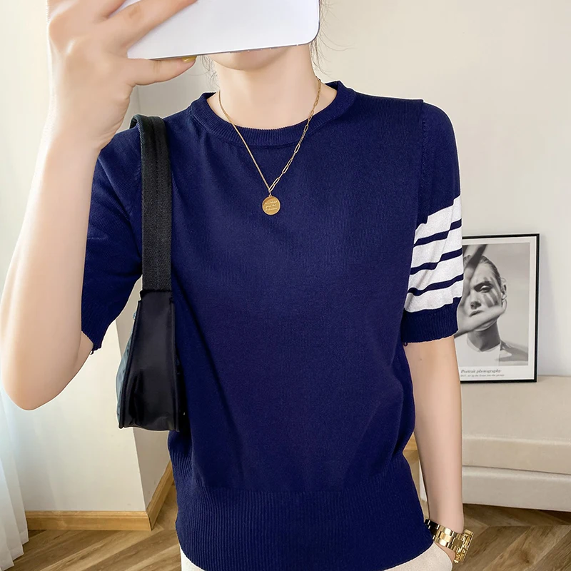 

TB women's cashmere sweater short sleeve round neck Pullover cashmere sweater short sleeve TB same T-shirt four bar sweater