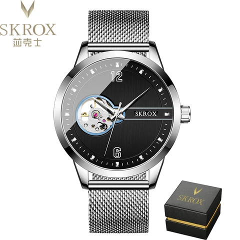 Новинка 2024 от известного бренда SKROX Аутентичные автоматические Серебристые полностью механические часы с сетчатым ремешком водонепроницаемые мужские часы