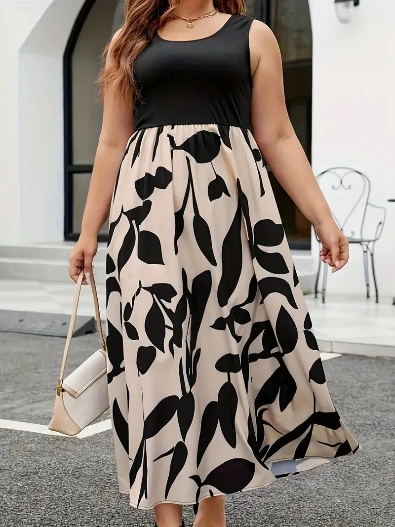 Женское платье-макси без рукавов с круглым вырезом и эластичным поясом