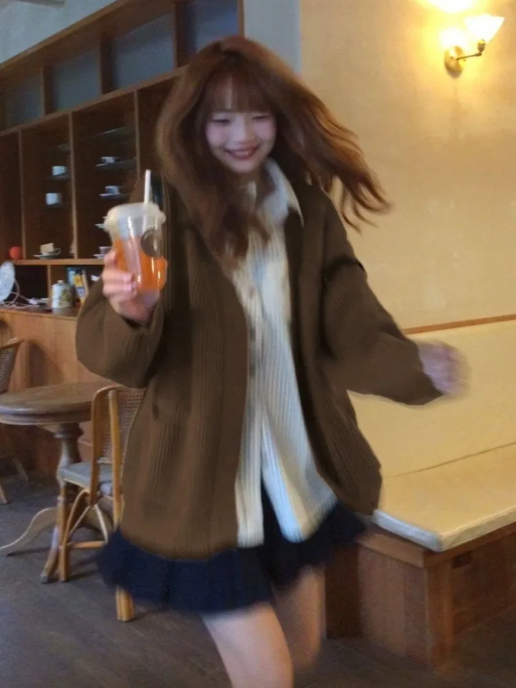 Женский трикотажный кардиган в стиле Харадзюку повседневный однотонный с