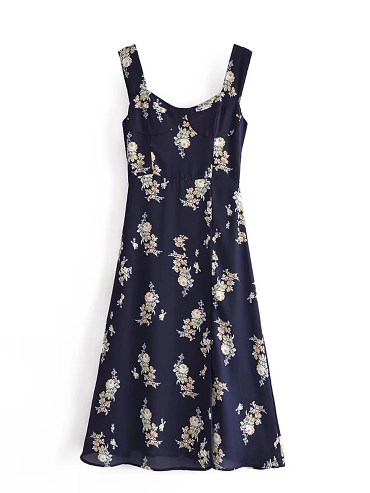 

YENKYE Summer Women Vintage Floral Print Sexy Hem Slits Chiffon Dress French Style Robe Female Holiday Sleeveless Midi Vestido