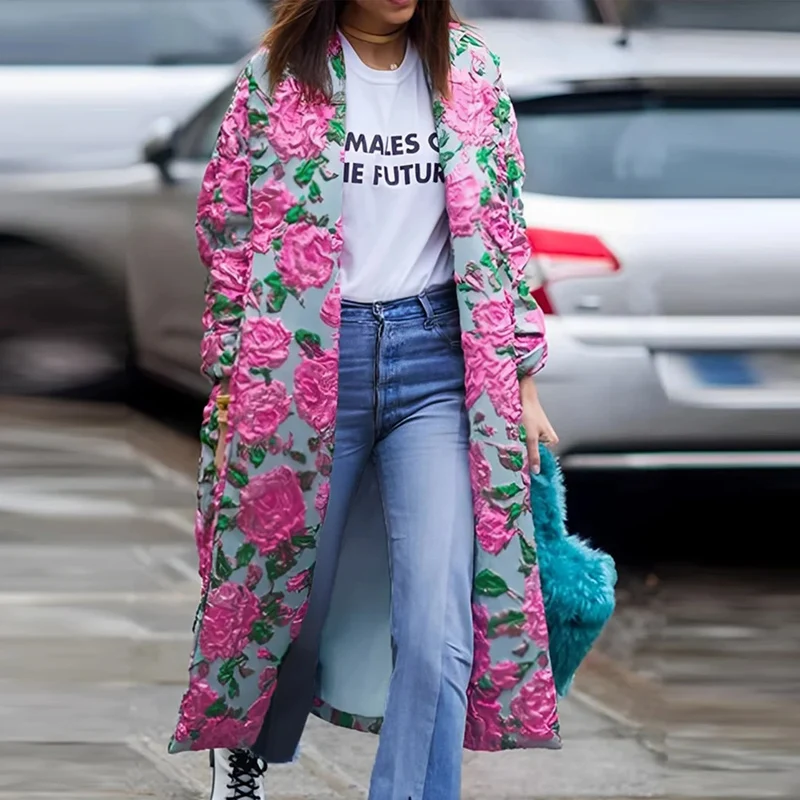 

Elegant Warm Cardigan Fashion High Street Printed Woolen Coat Autumn Winter Women's Casual Turn-down Collar Long Sleeve Jackets